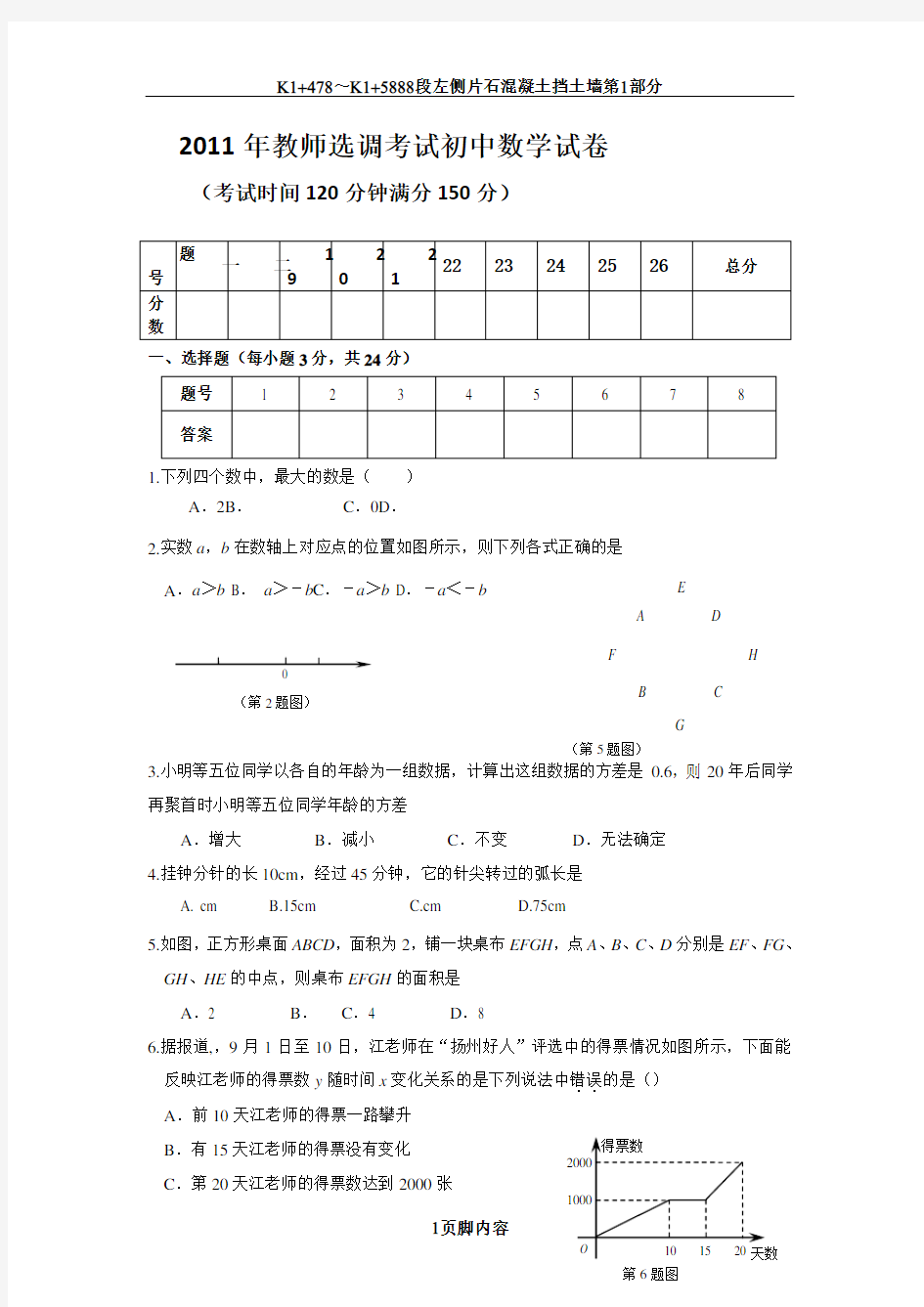 2011年教师选调考试初中数学试卷