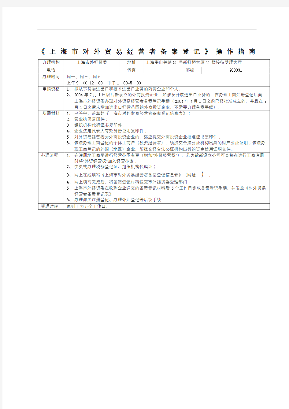 上海对外贸易经营者备案登记操作指南