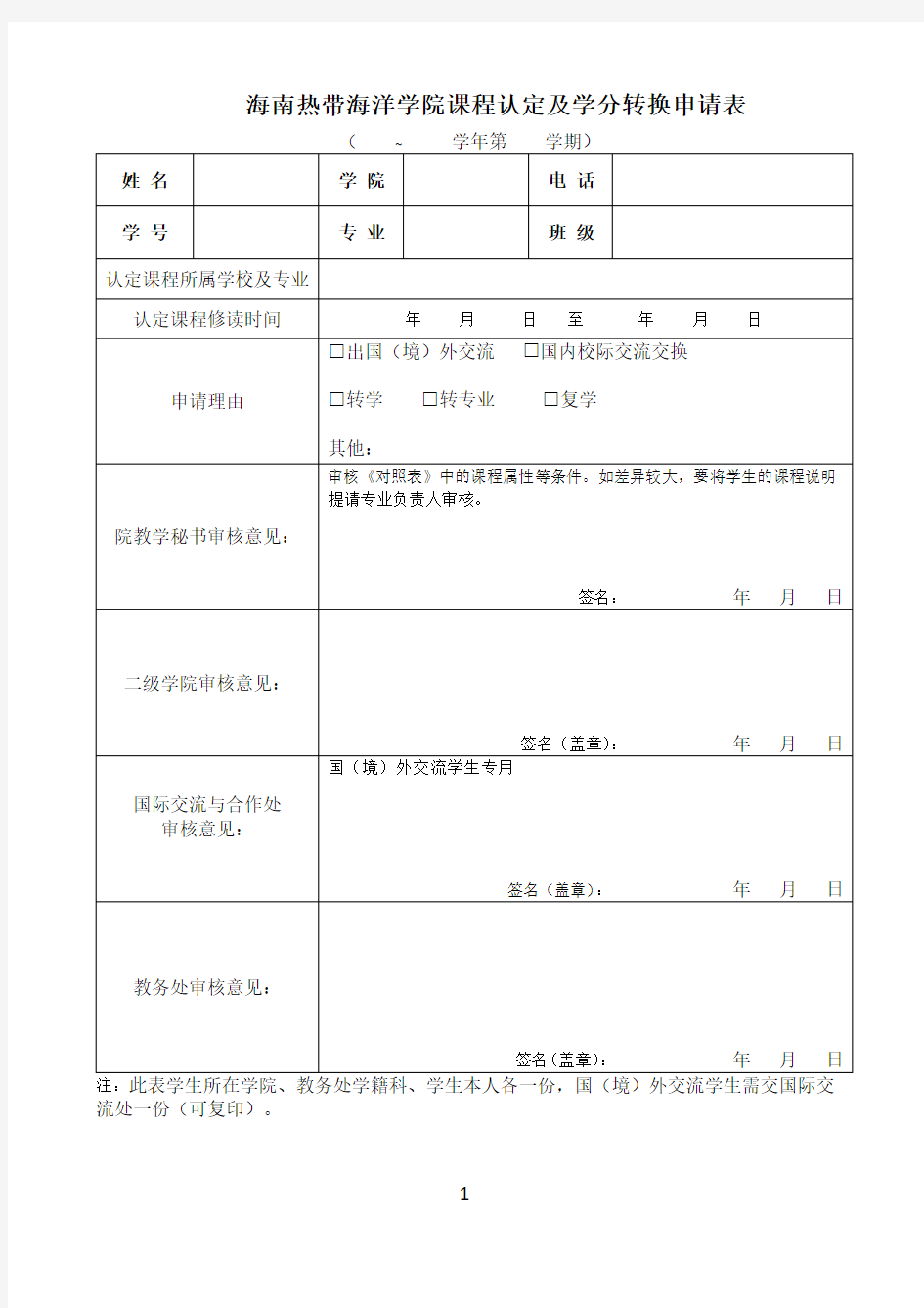 课程认定及学分转换申请表