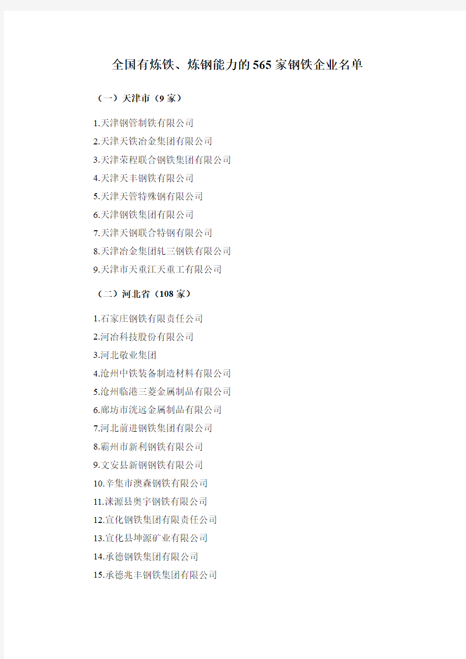 全国有炼铁、炼钢能力的565家钢铁企业名单