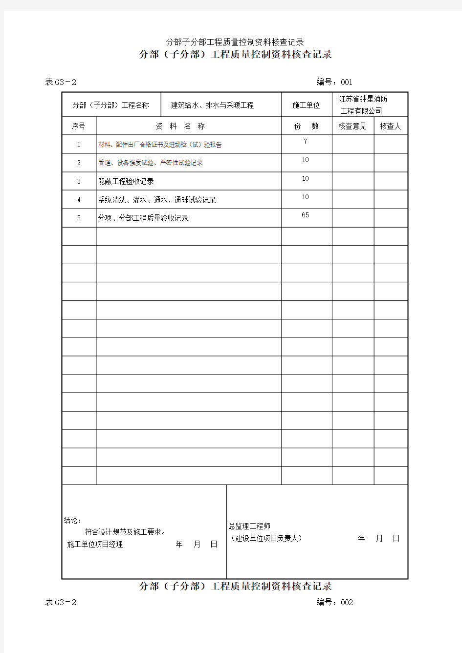 分部子分部工程质量控制资料核查记录