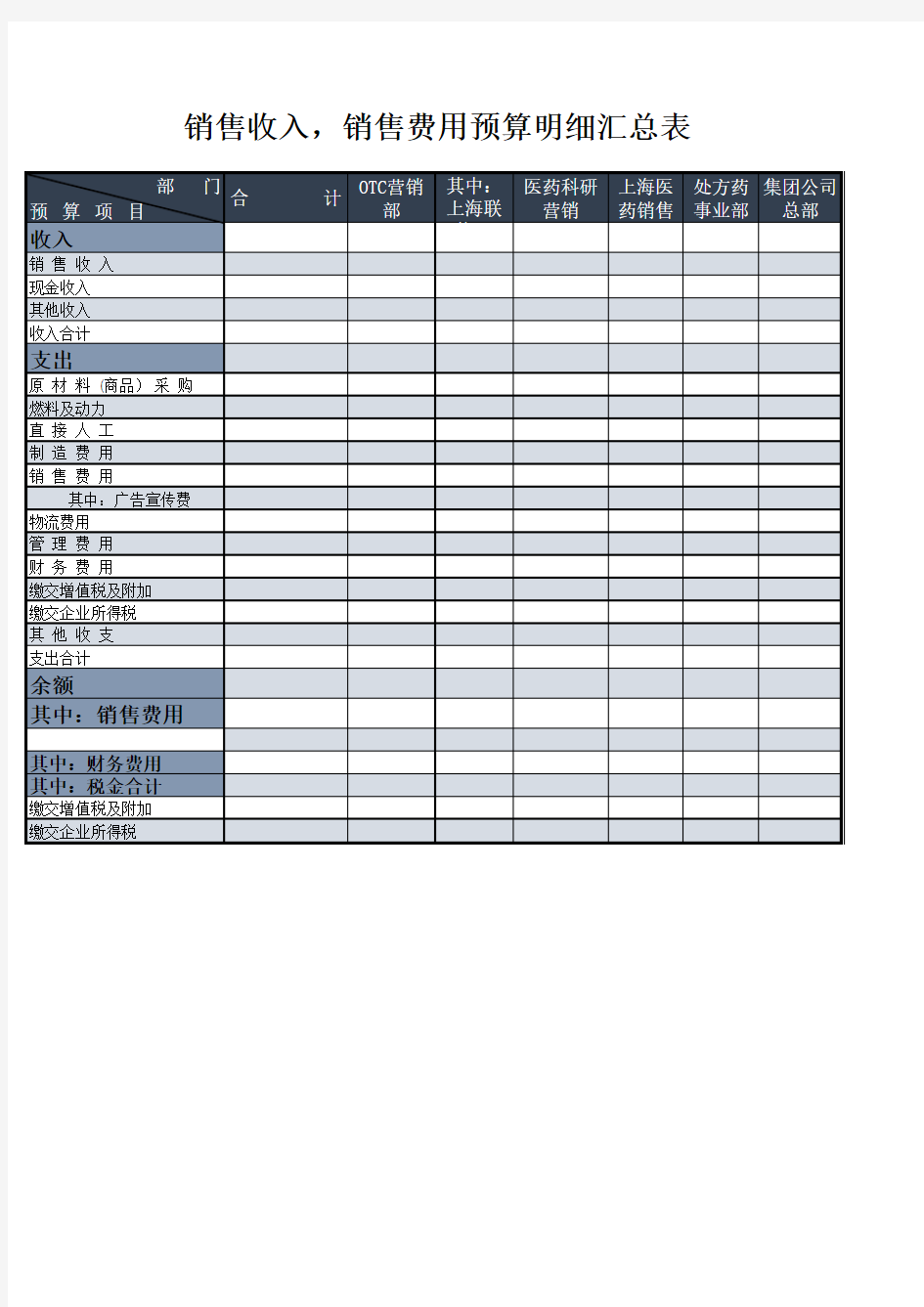 Excel表格模板：销售收入、销售费用预算明细汇总表