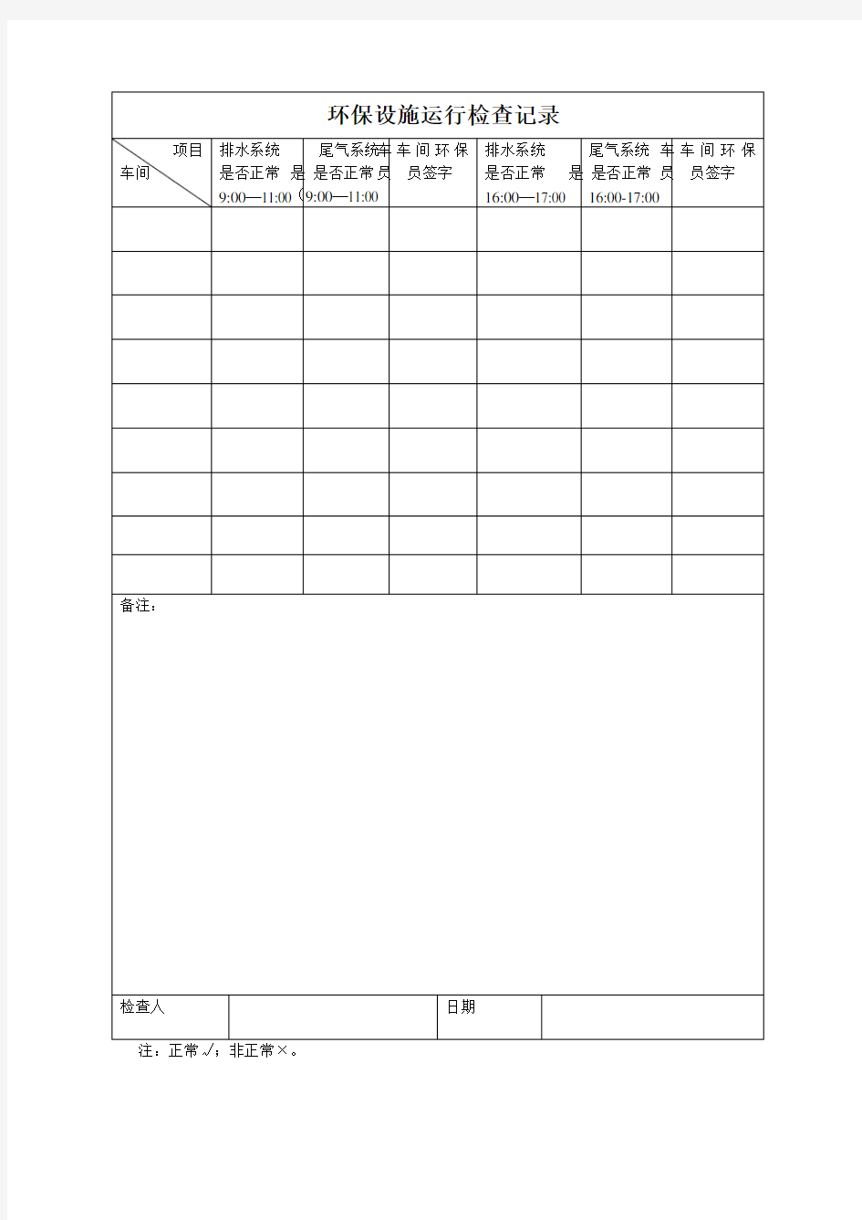 环保设施运行检查记录表