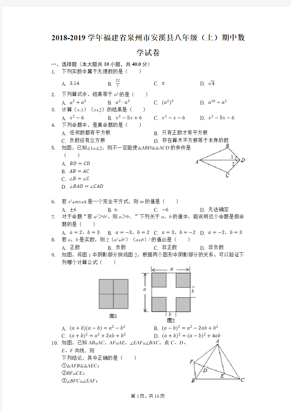 福建省泉州市安溪县2018-2019学年八年级(上)期中数学试卷(附详细答案)