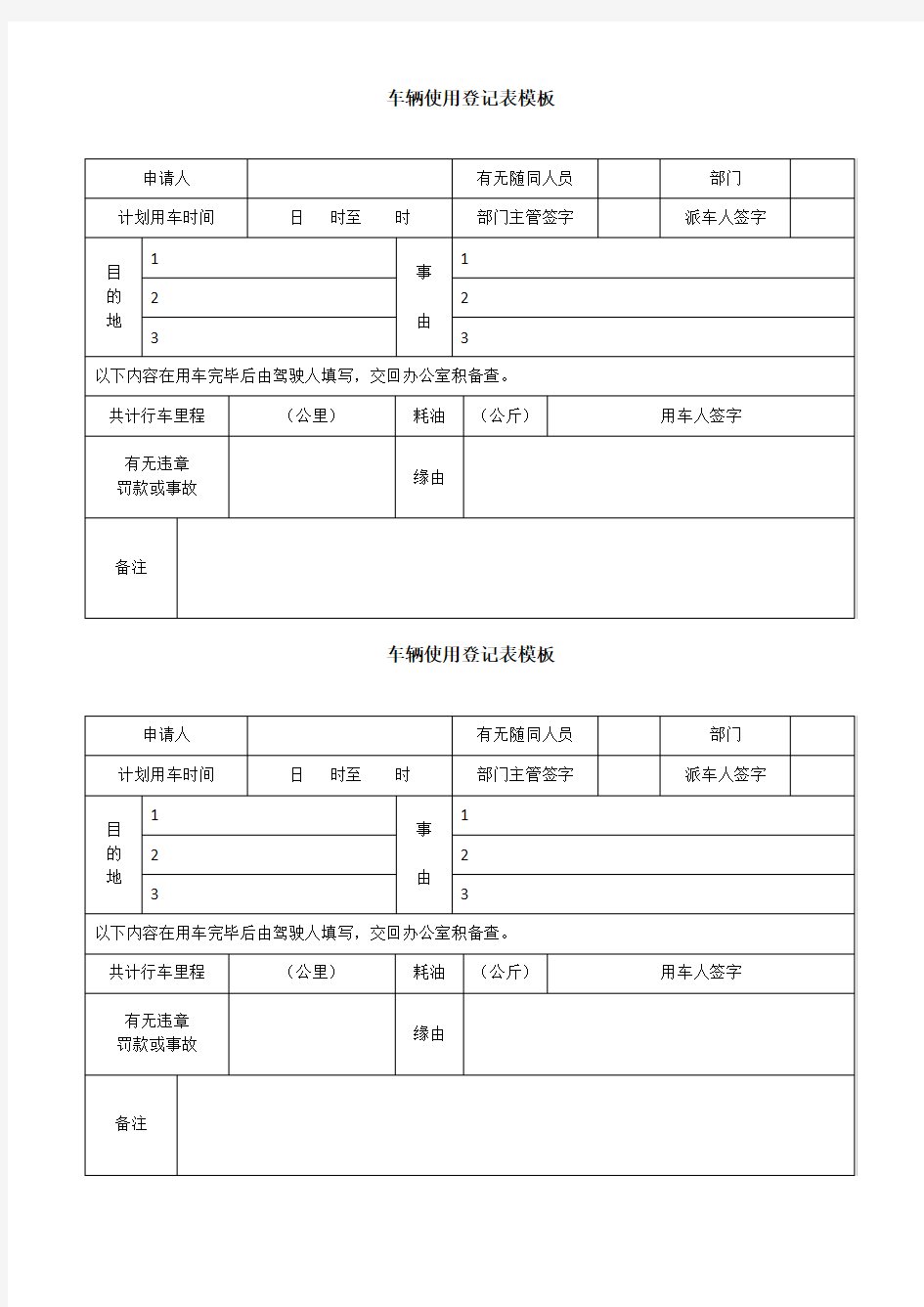 车辆使用登记表模板