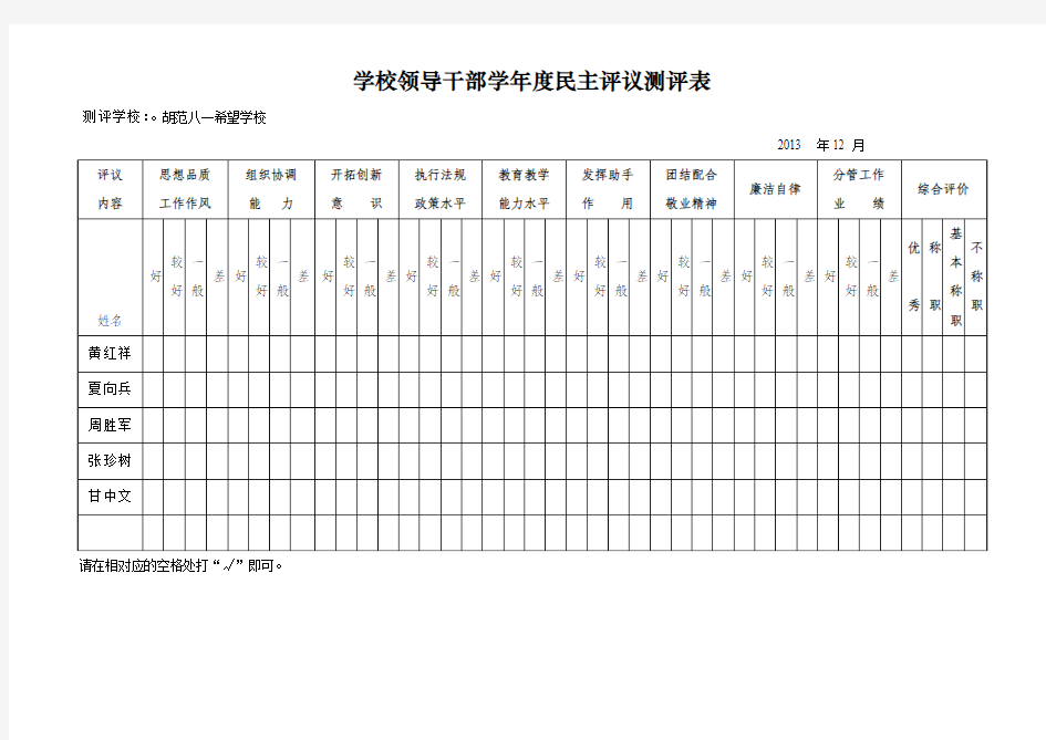 学校领导干部学年度民主评议测评表