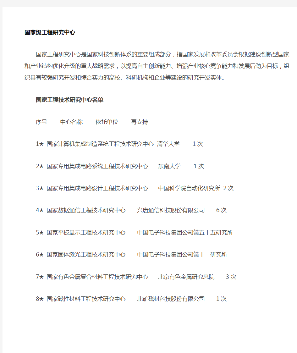 国家工程研究中心大全