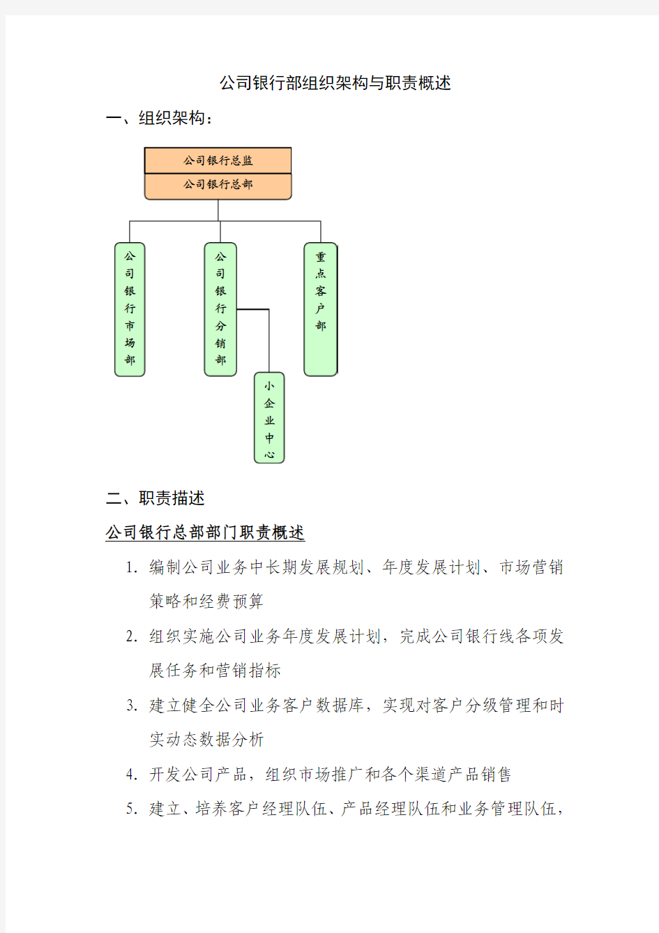 北京银行总行公司银行部组织架构与职责概述