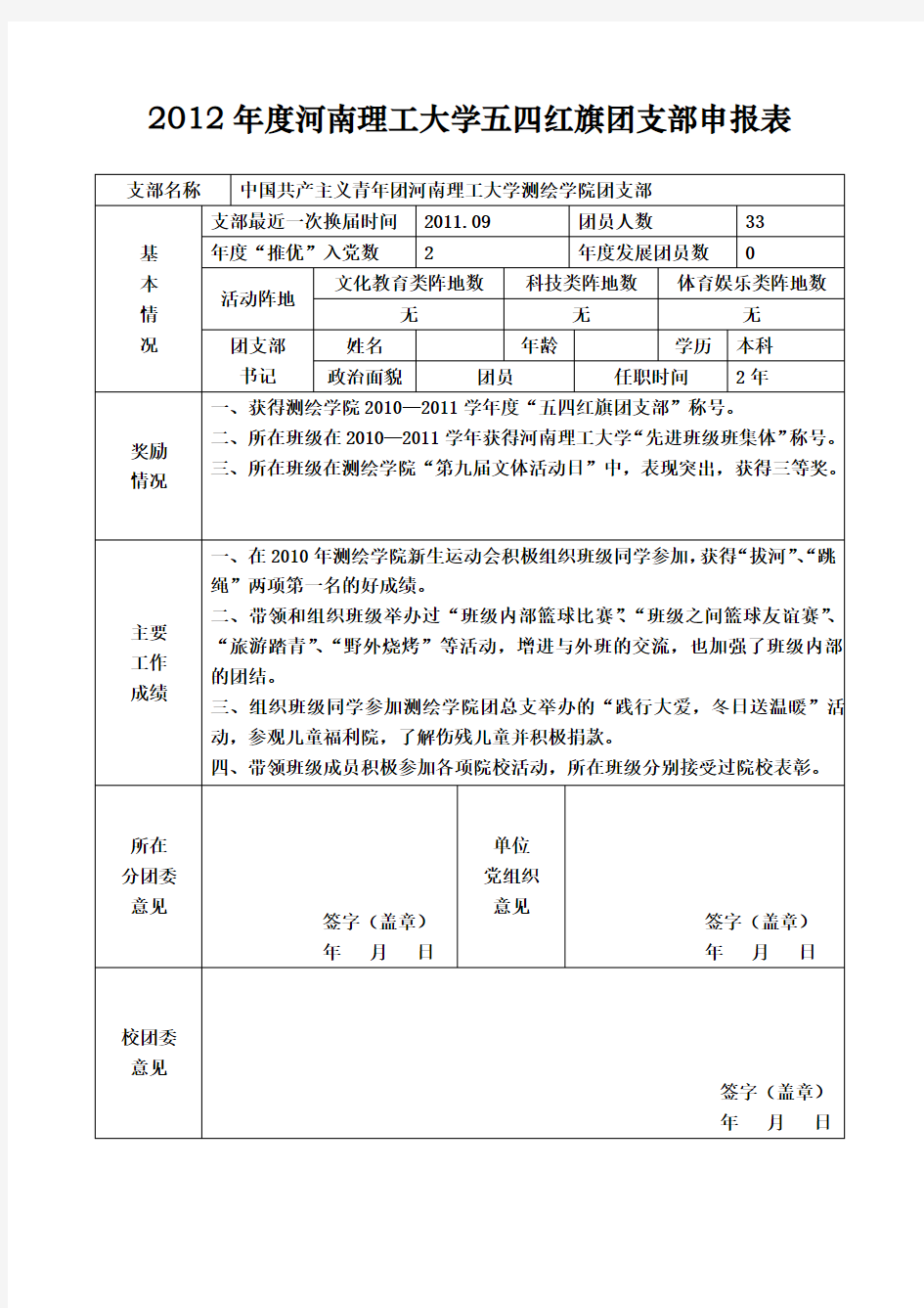 五四红旗团支部申报表