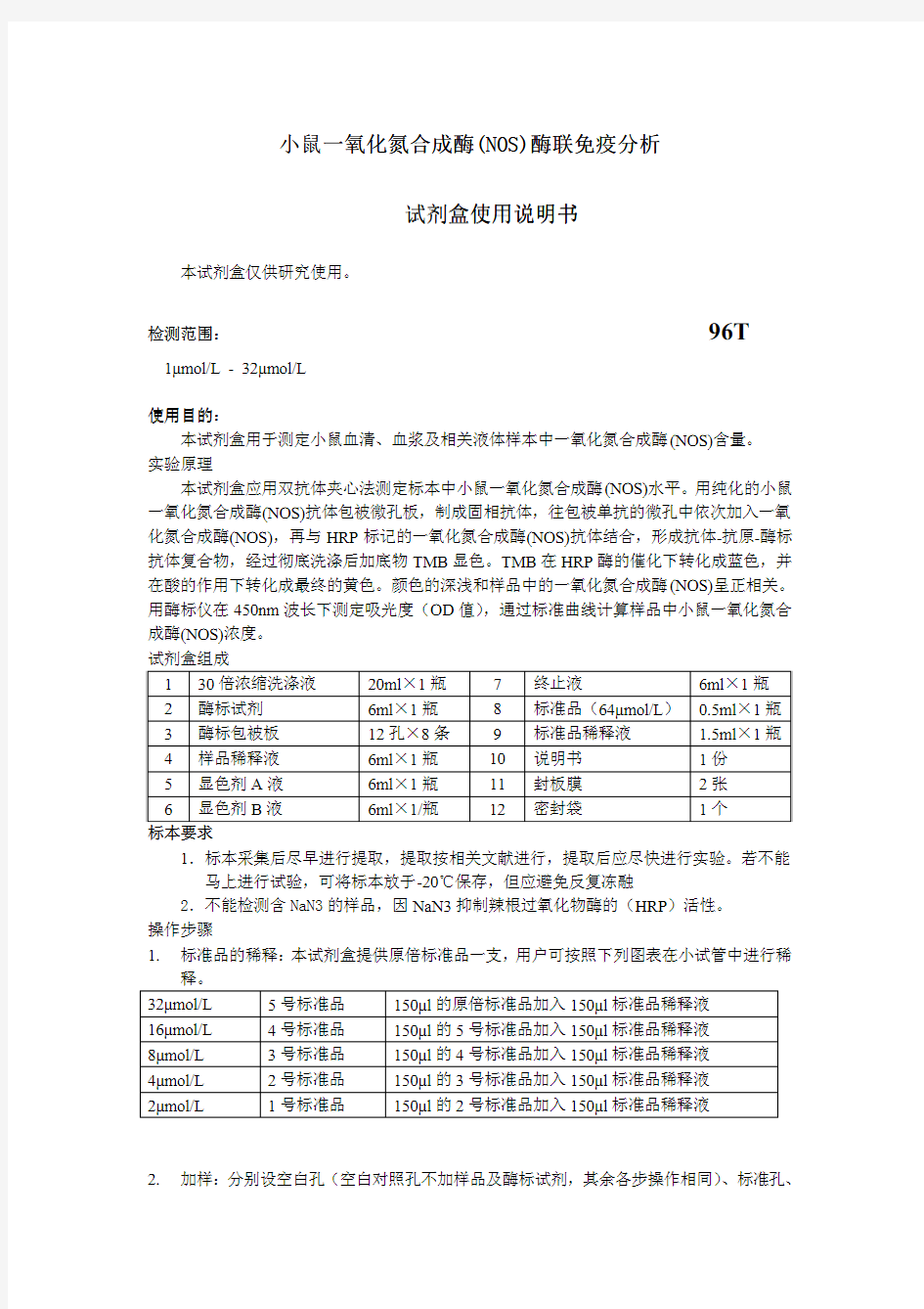 小鼠一氧化氮合成酶(NOS)说明书