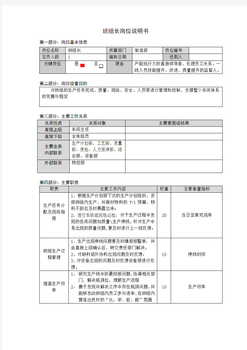 班组长岗位说明书