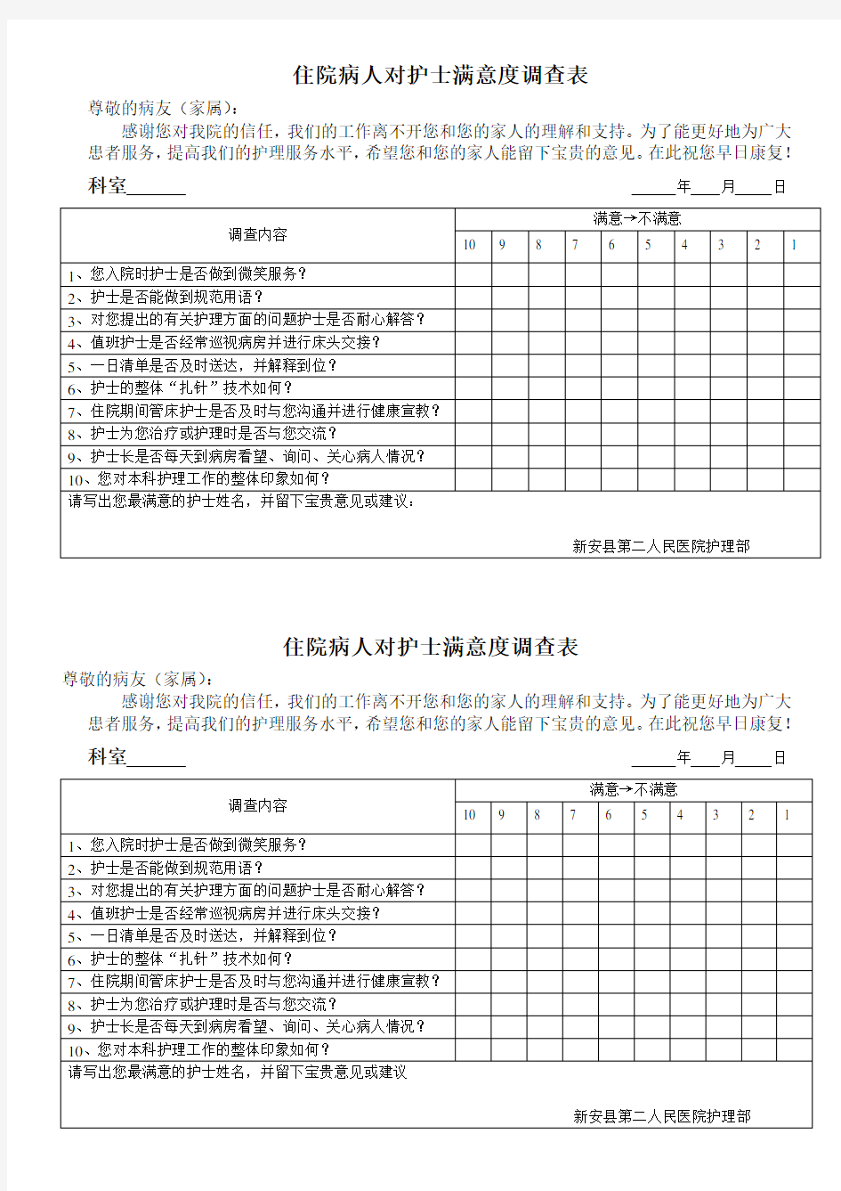 住院病人对护士满意度调查表