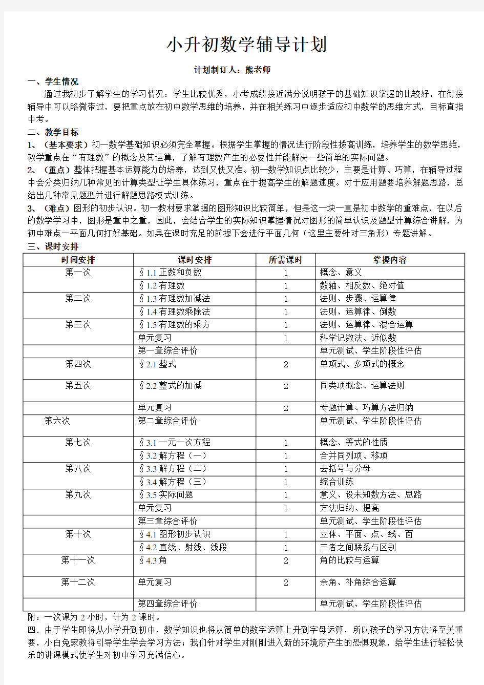 小升初数学衔接班计划