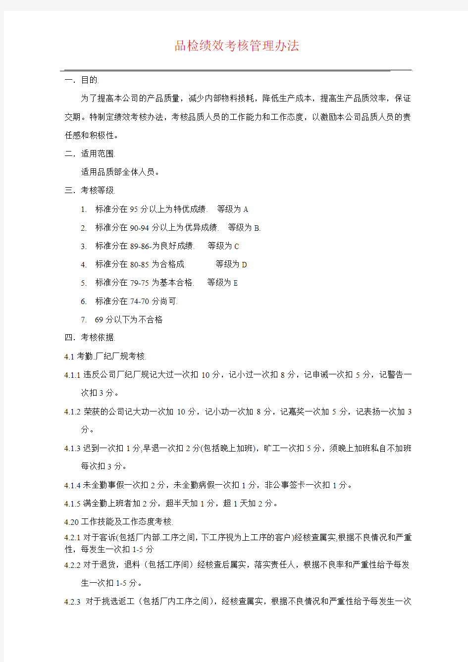 品保部绩效考核管理办法