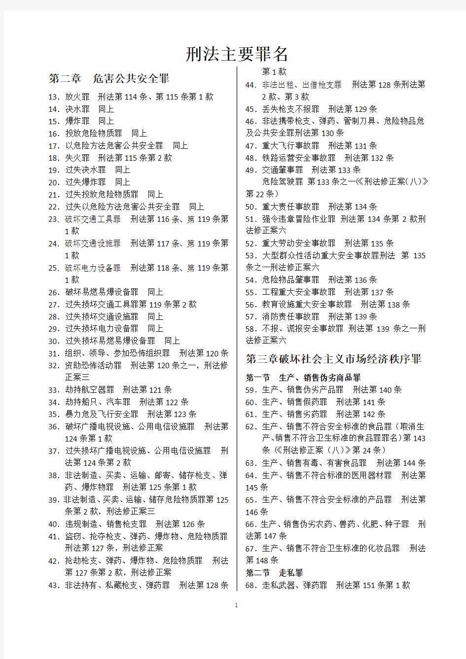 最新刑法主要罪名大全(附法条)