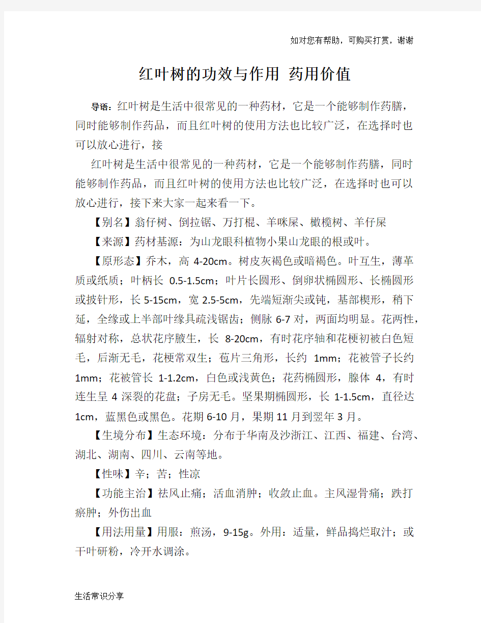 红叶树的功效与作用 药用价值