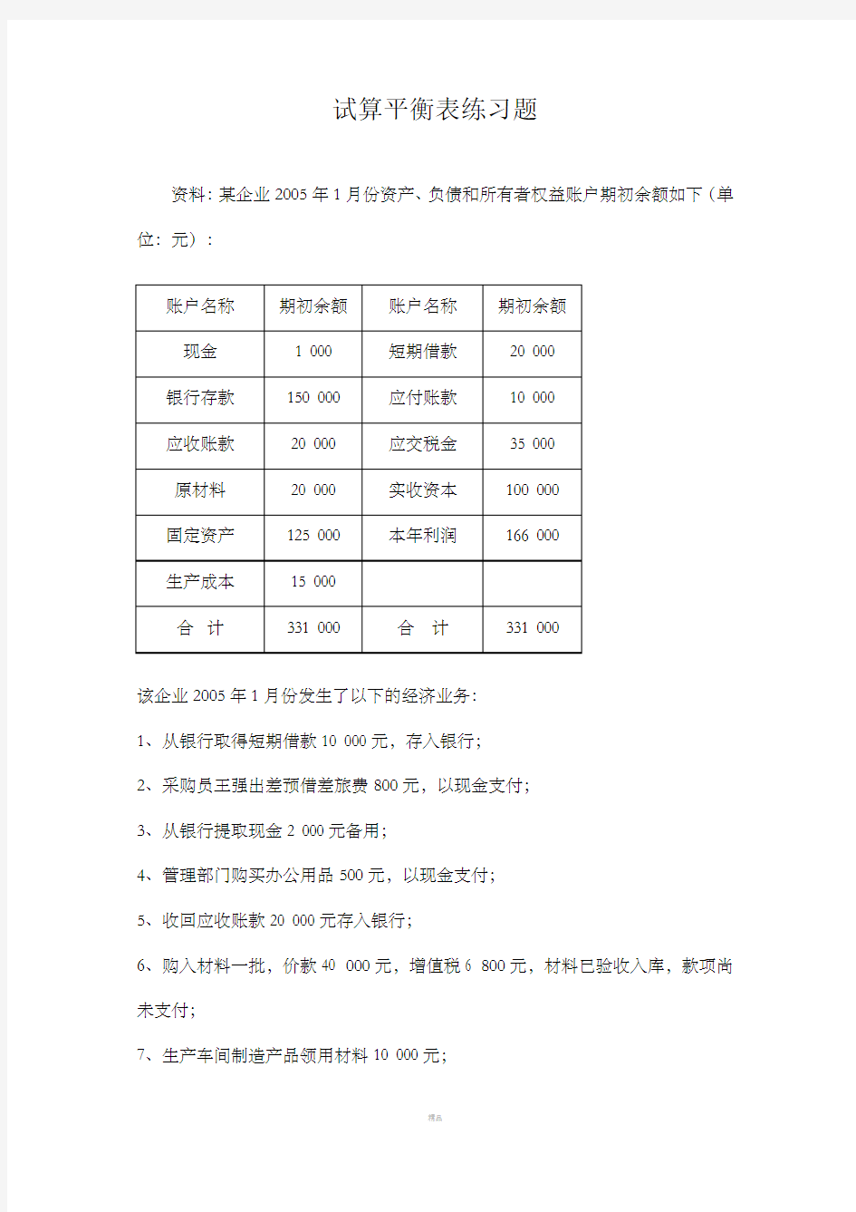 试算平衡表练习题及答案