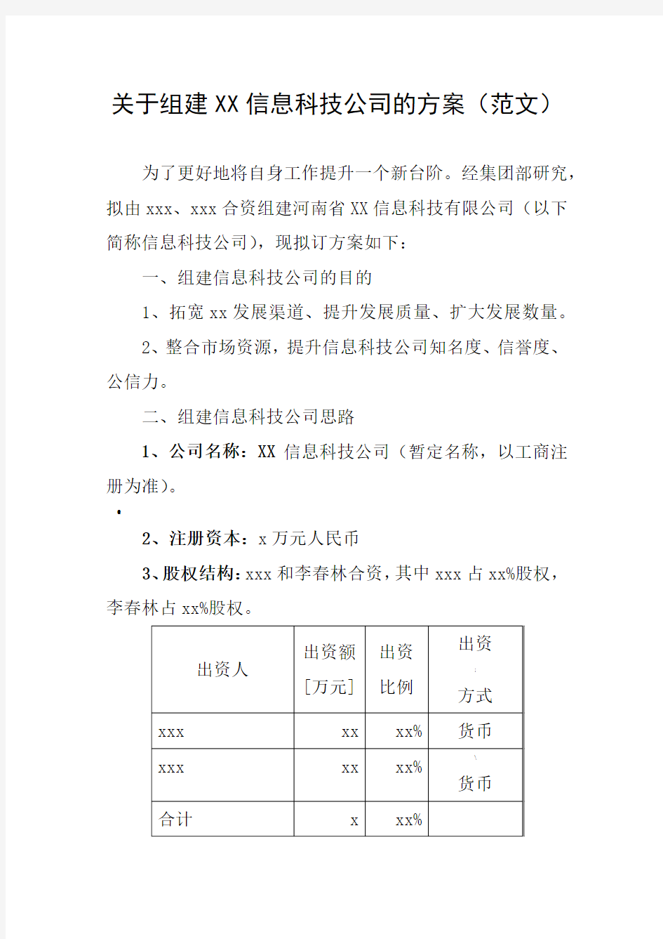 公司组建方案(范文)