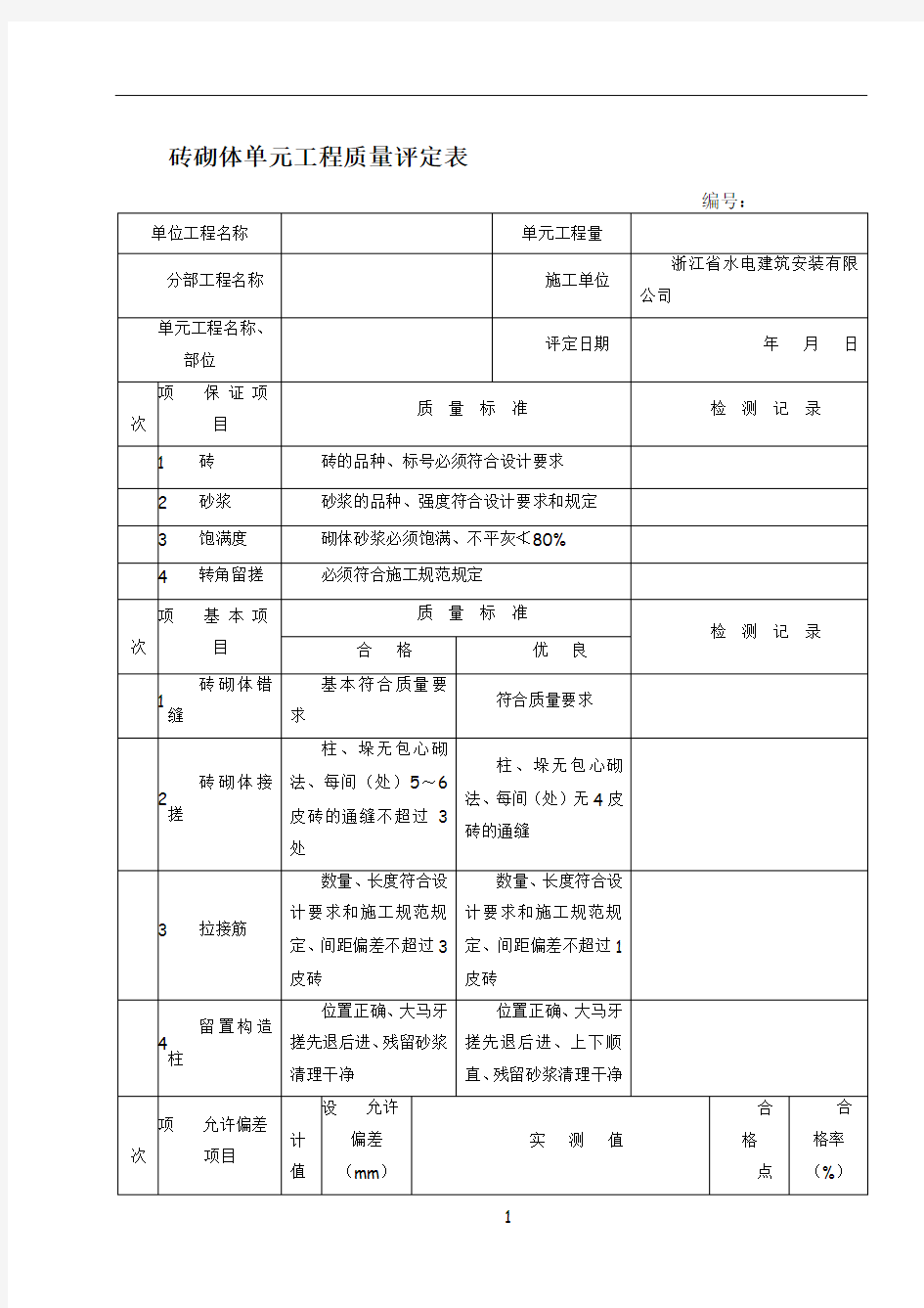 砖砌体单元工程质量评定表