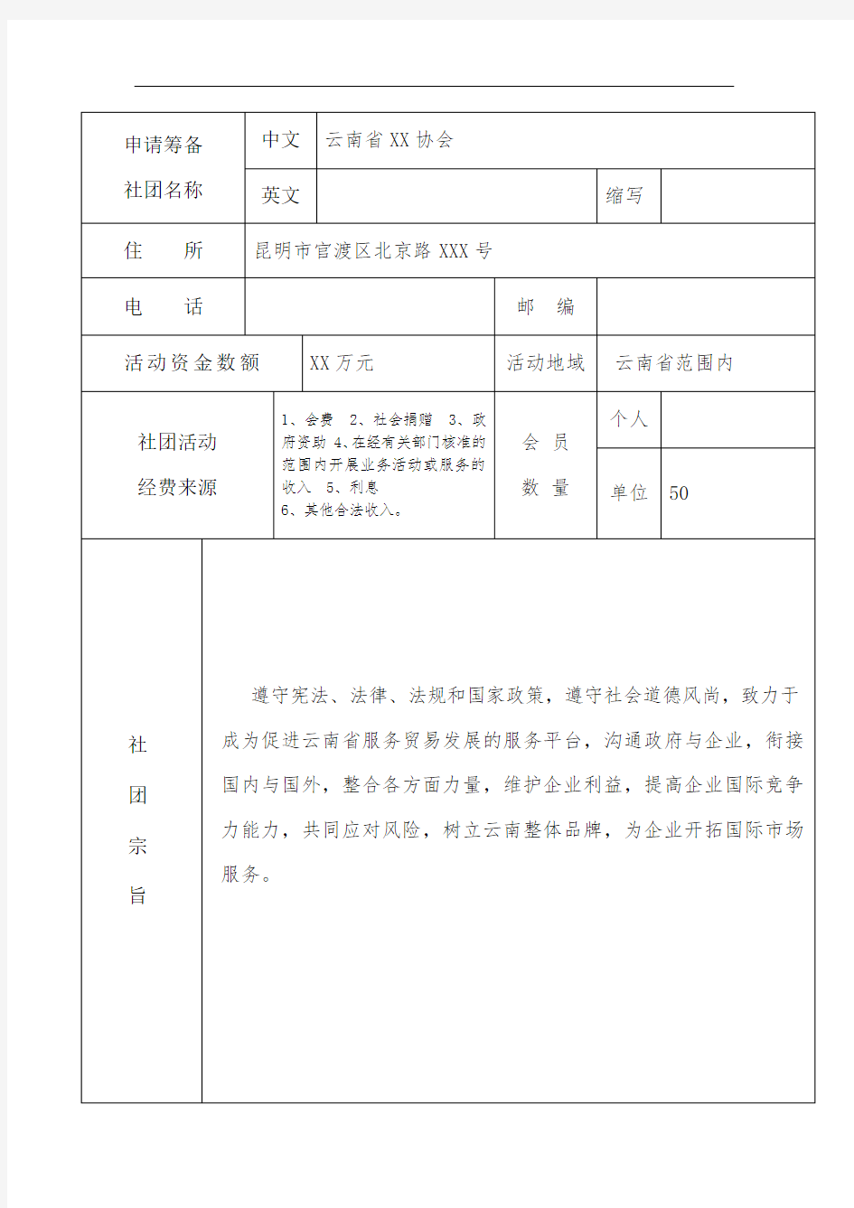 筹备成立社会团体申请表模板