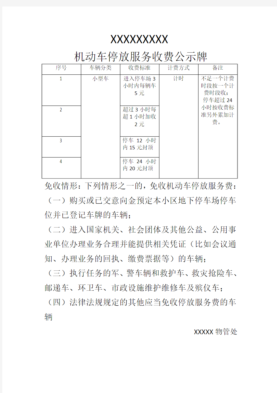 地下停车场收费公示牌