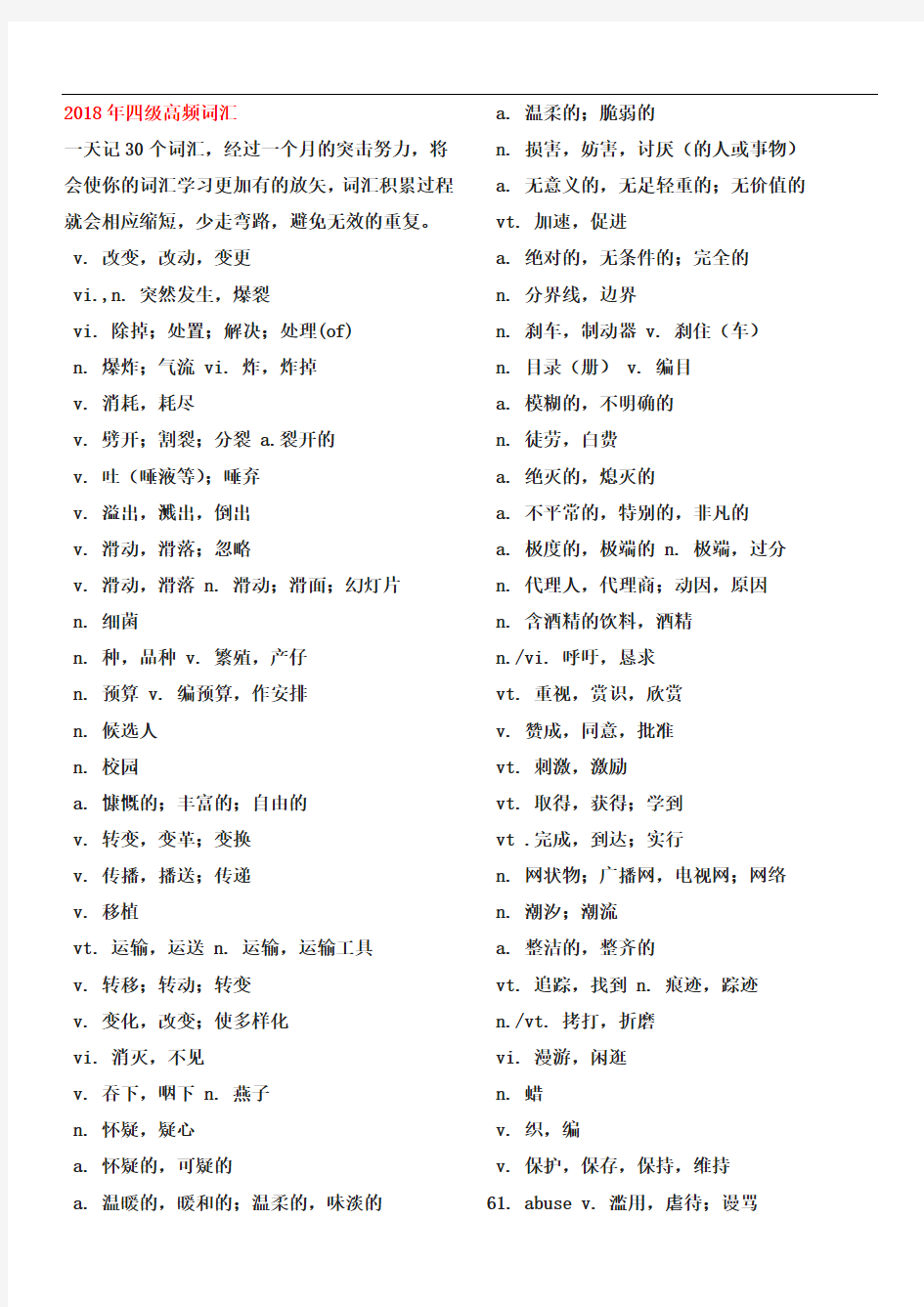 2018年英语四级四级高频词汇