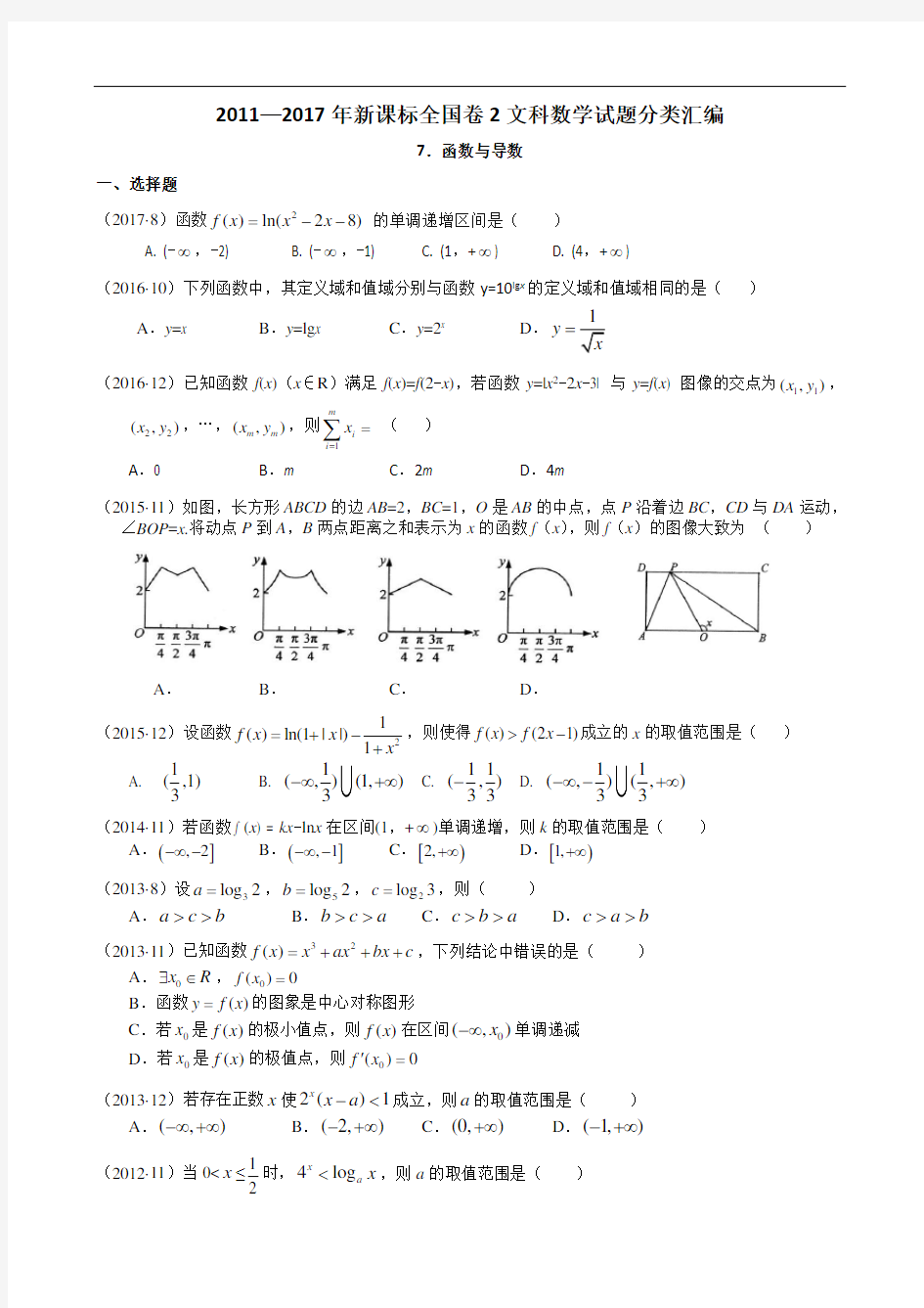 2011—2017年新课标全国卷2文科数学试题分类汇编——7.函数与导数