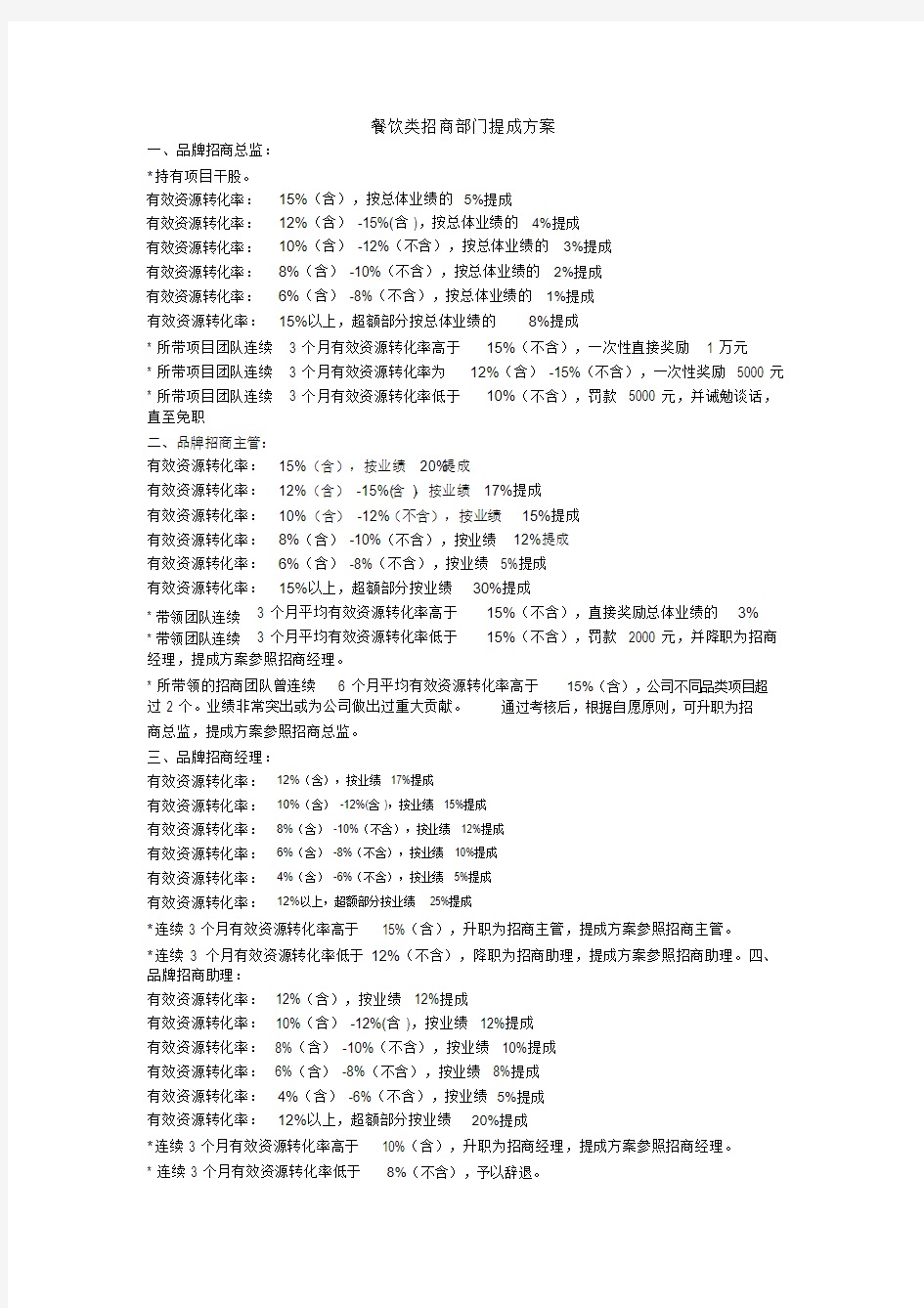 餐饮招商部门提成方案