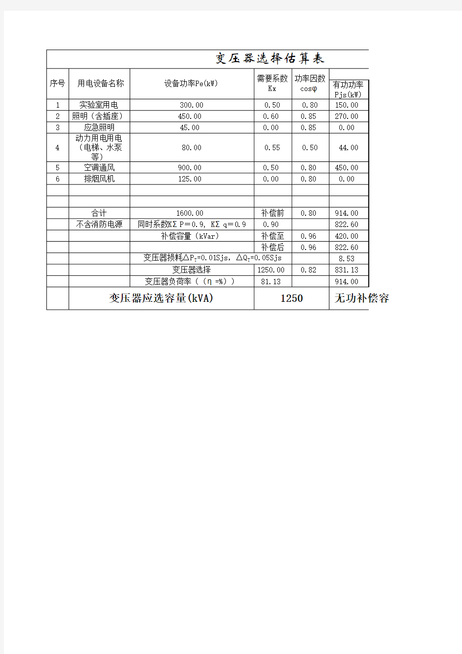 变压器参数计算表