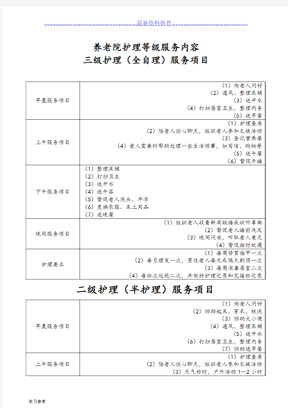 养老院护理_等级服务内容