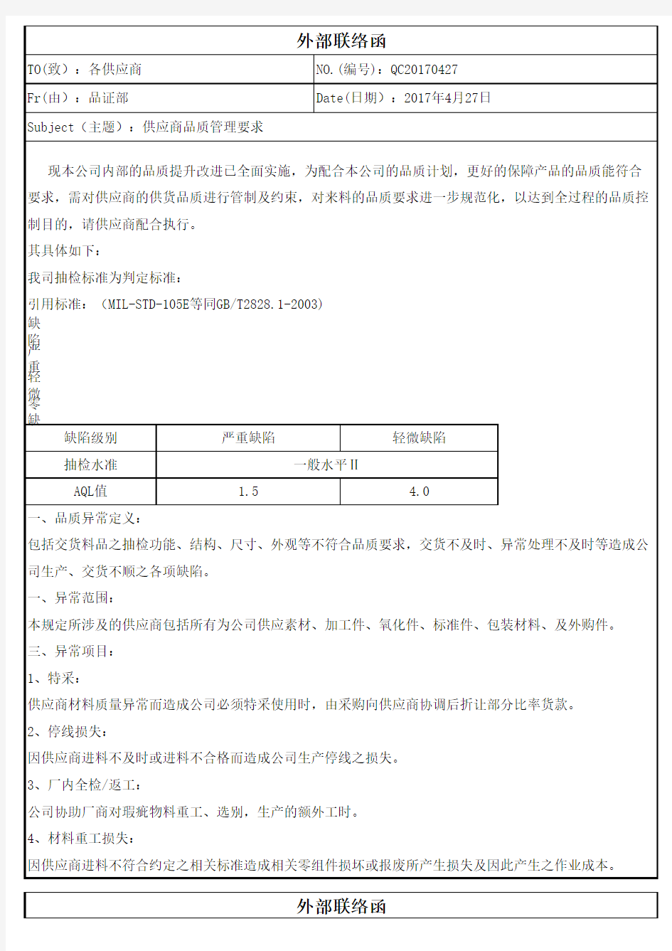 供应商品质联络函 