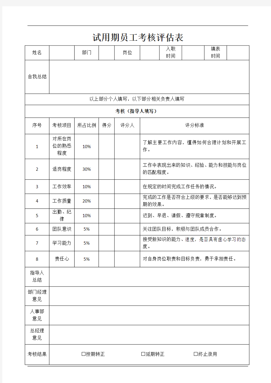 试用期员工考核评估表