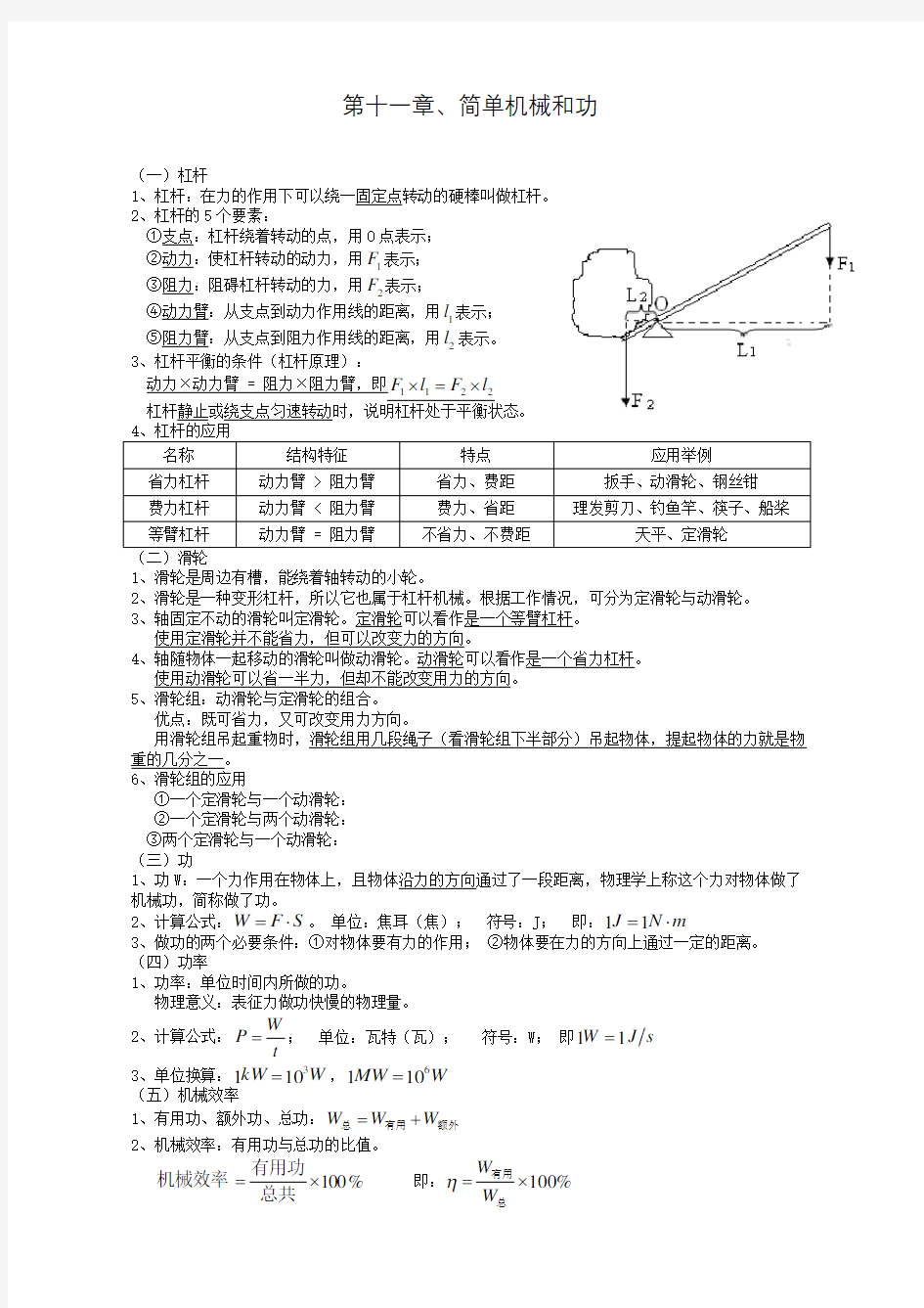 苏教版简单机械和功》知识点归纳