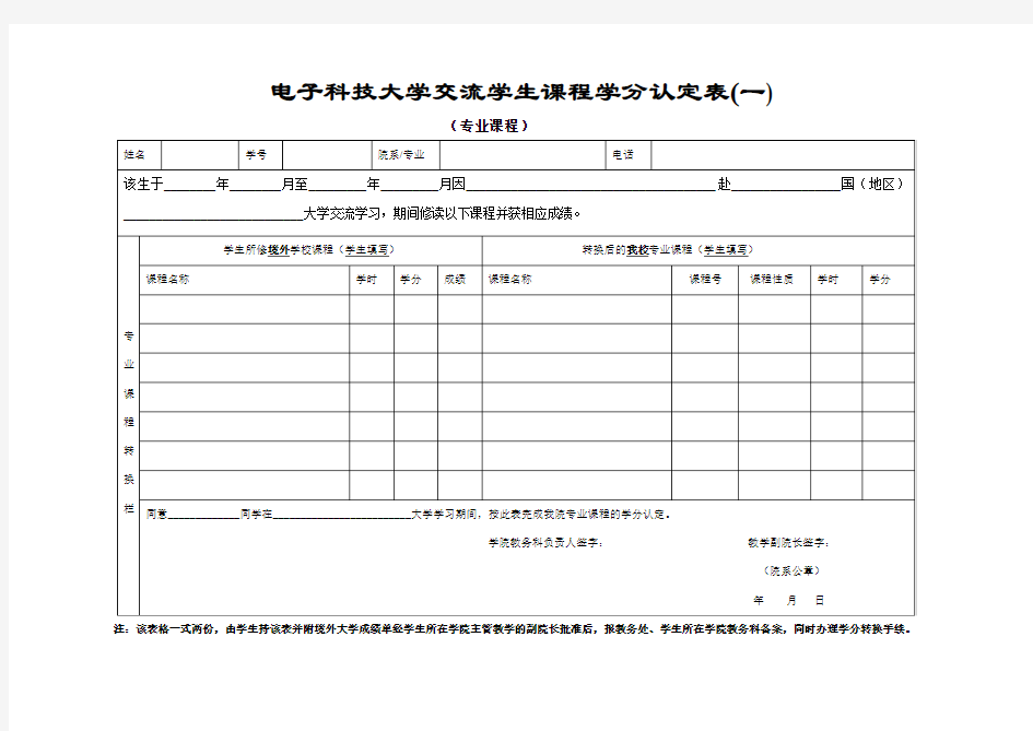 电子科技大学交流学生课程学分认定表(一)