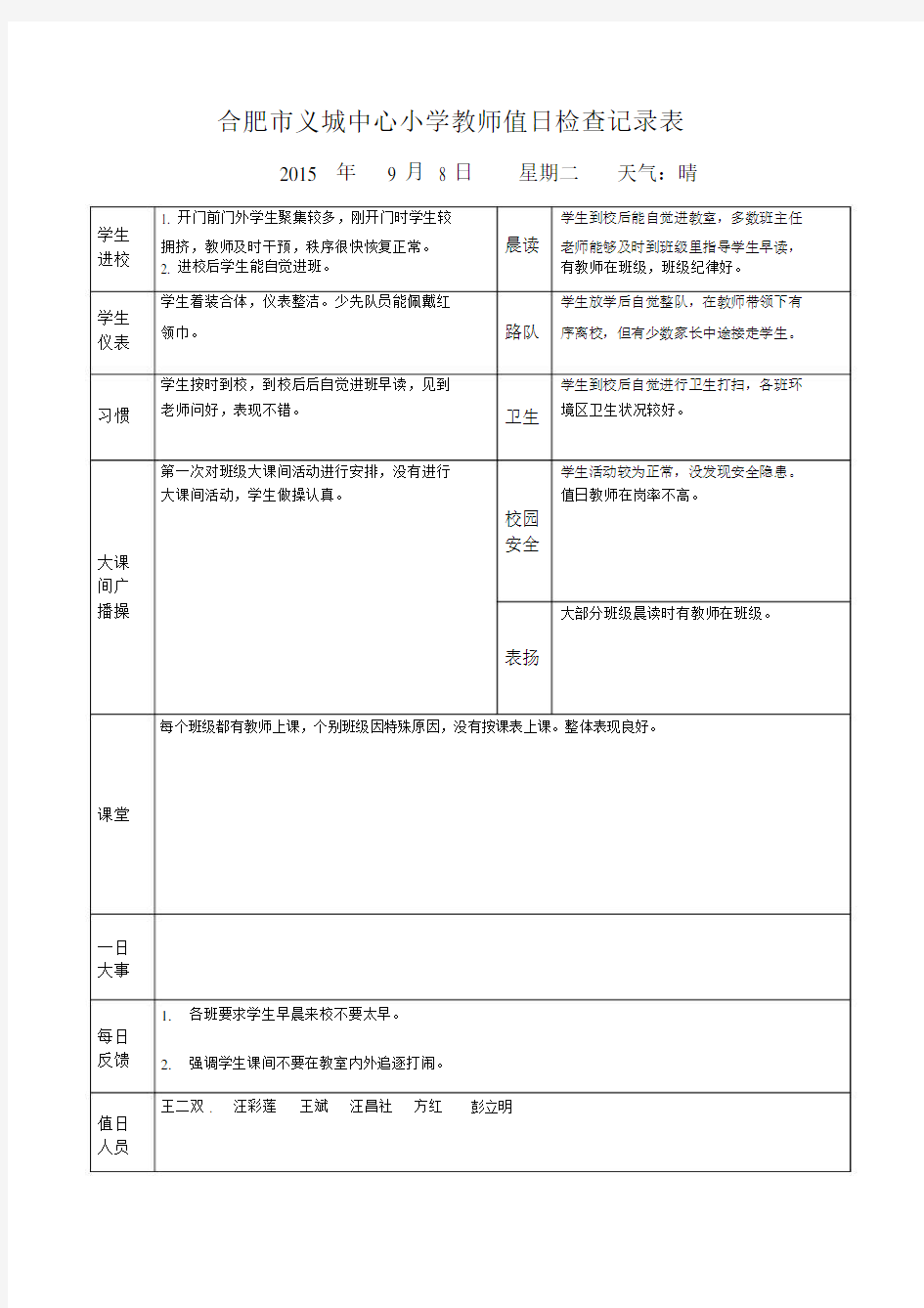 教师的值日检查学习记录表格.docx