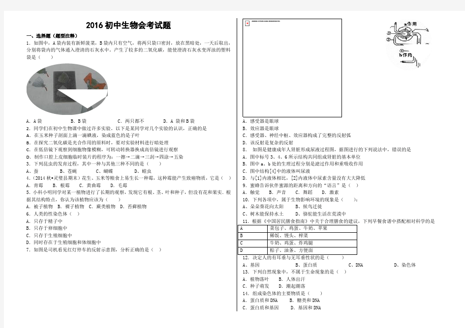 2016初中生物会考试题