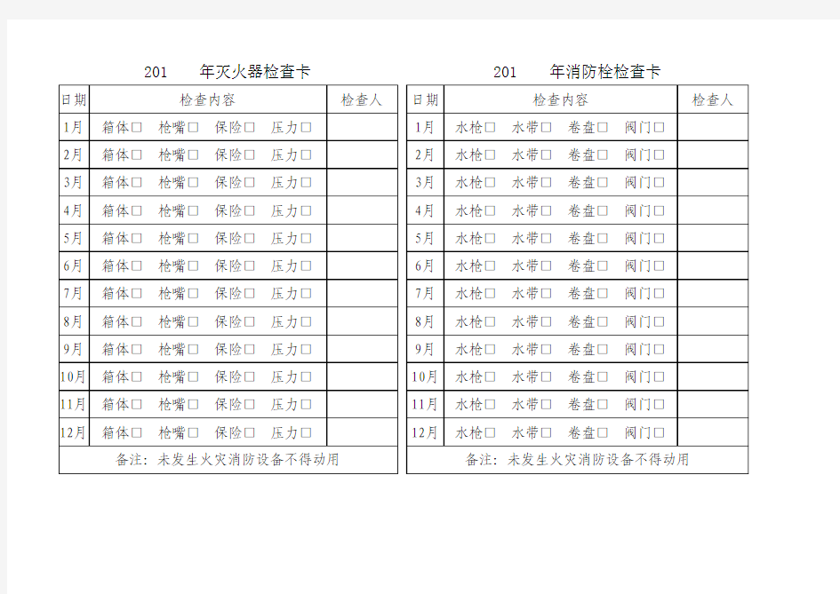 消防器材检查卡、特种作业登记表