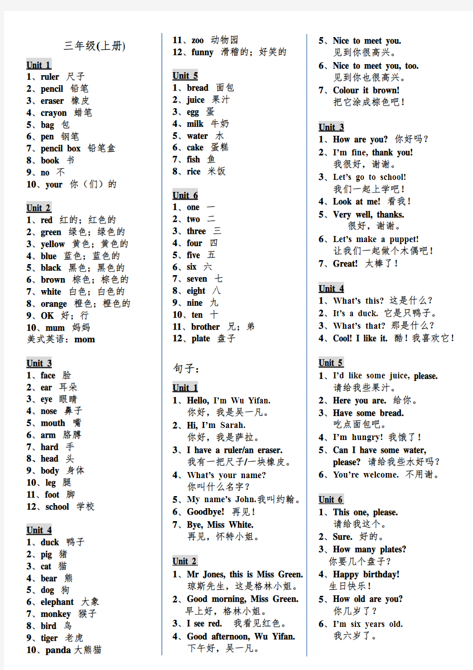 人教版(三年级起点)三年级(上下册)英语单词