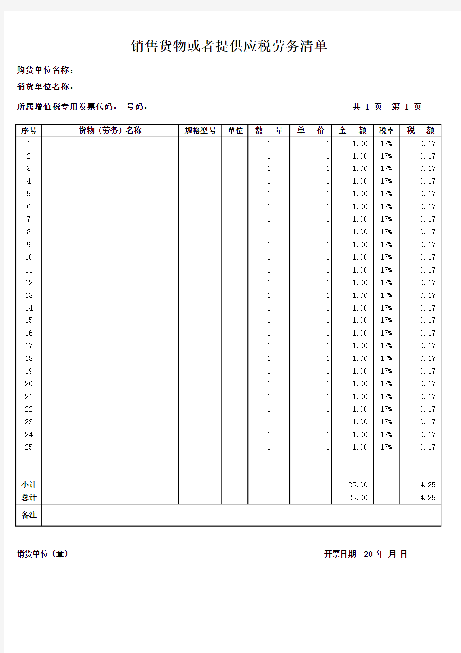 销售货物或者提供应税劳务清单模板