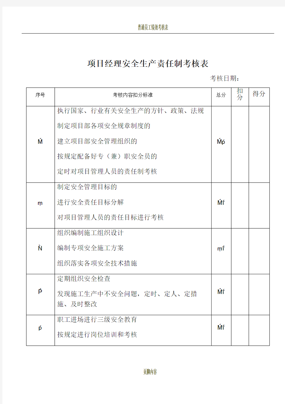 各岗位安全生产责任制考核表