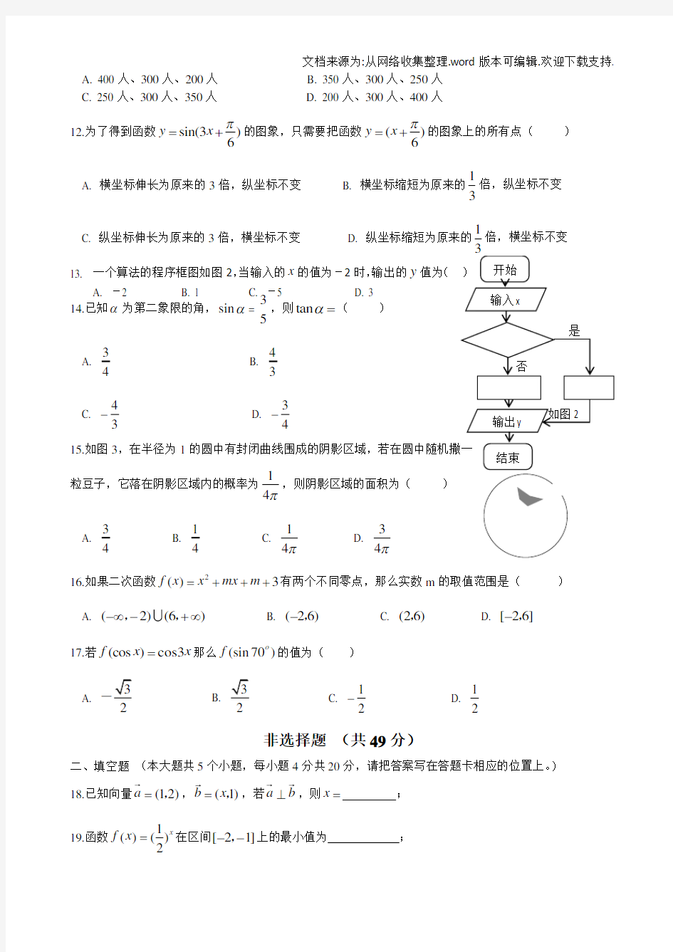 云南省普通高中学业水平考试数学试卷及答案(供参考)