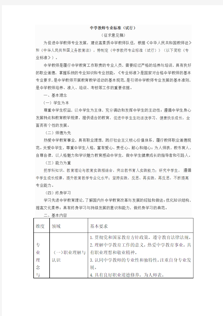 中学教师专业标准