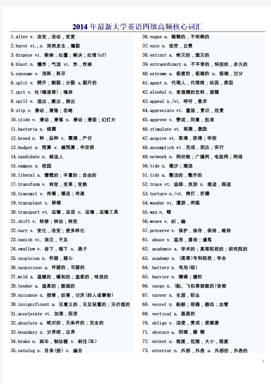 2015年最新大学英语四级高频核心词汇