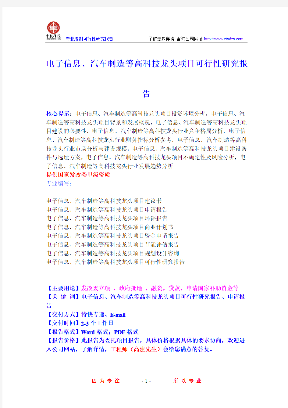 电子信息、汽车制造等高科技龙头项目可行性研究报告