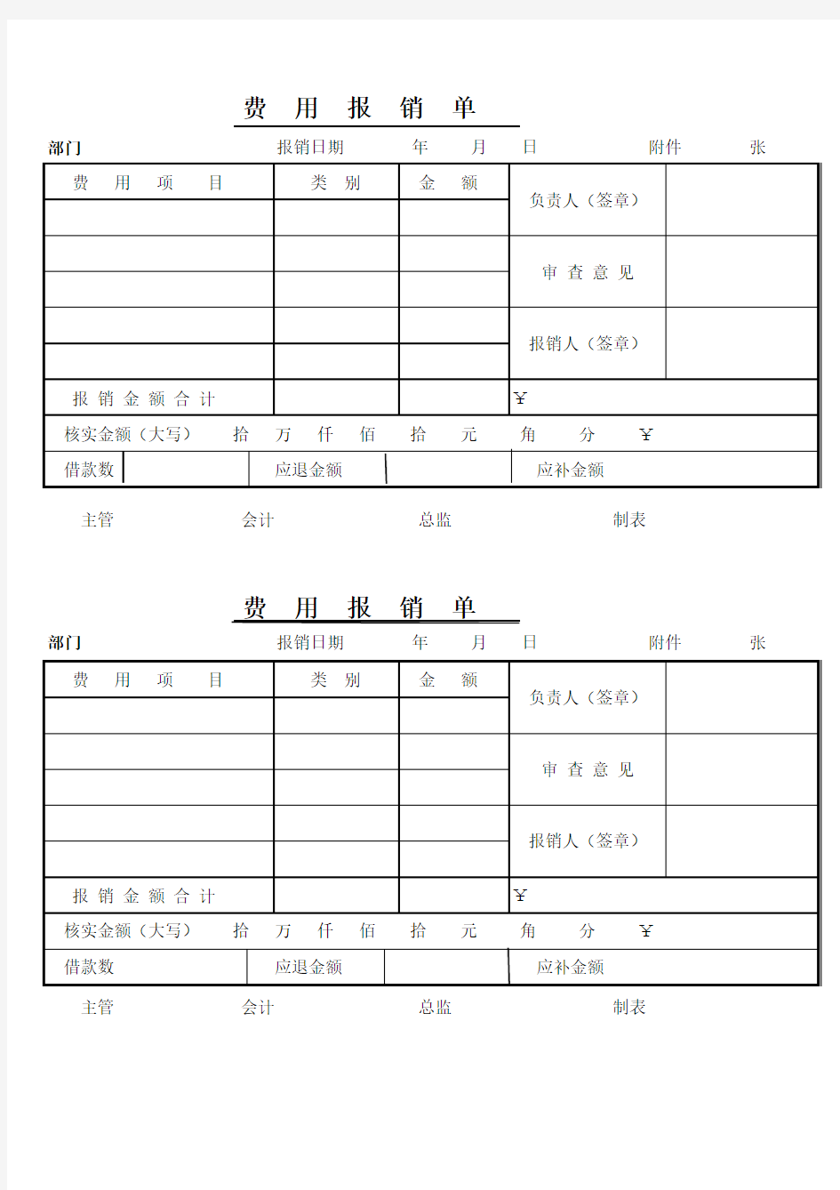 费用报销单格式