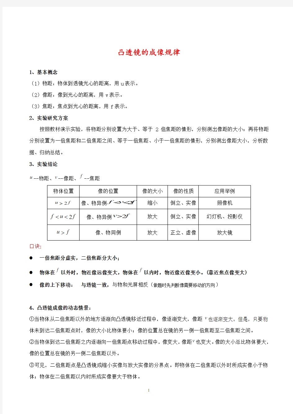 凸透镜的成像规律、生活中的透镜、眼镜与眼镜_知识点总结