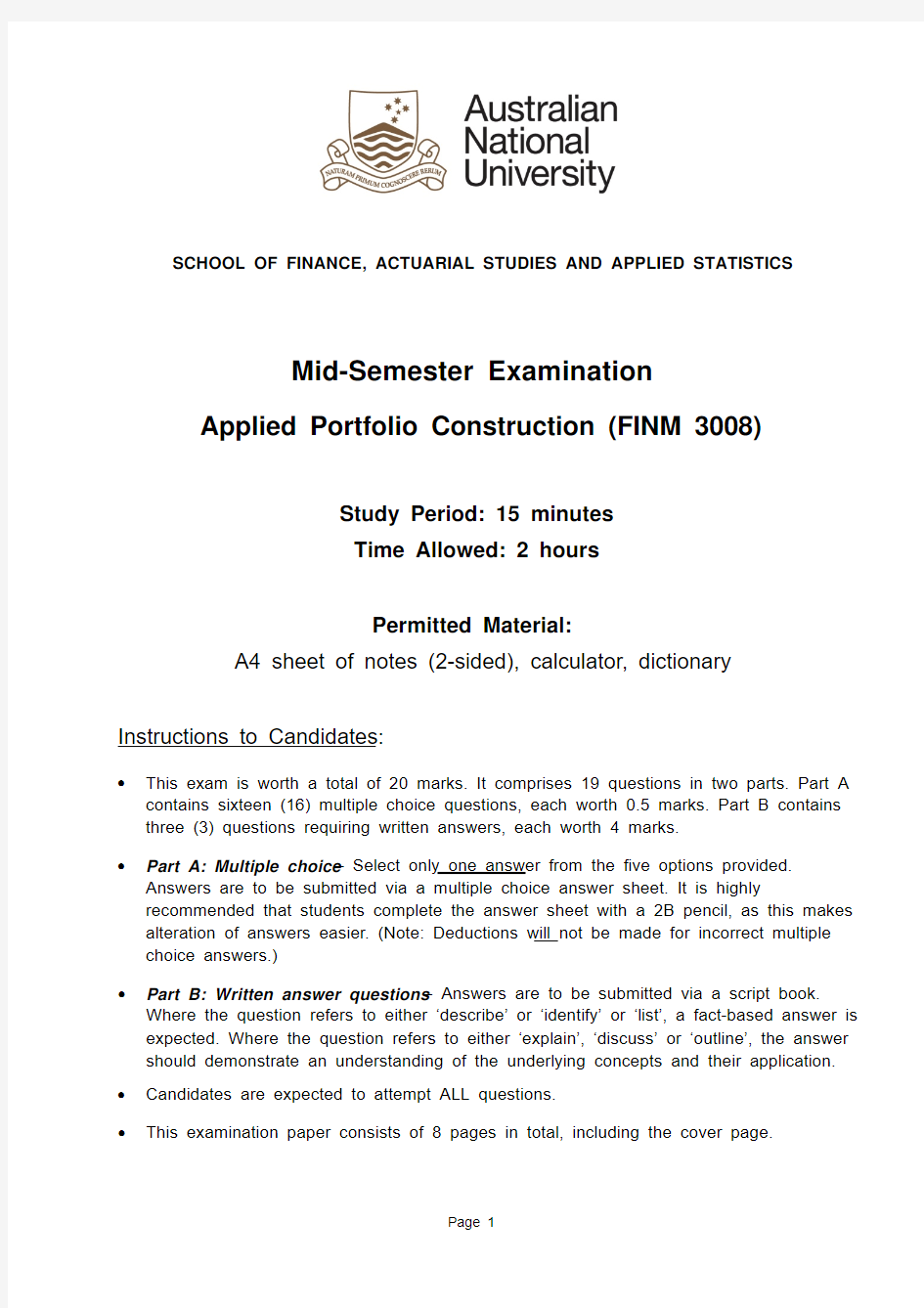 finm8016 Mid-Semester Exam