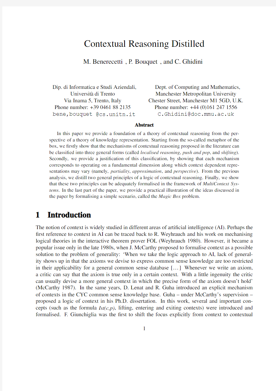 Contextual Reasoning Distilled M. Benerecetti , P. Bouquet , and C. Ghidini  Dip. di Inform