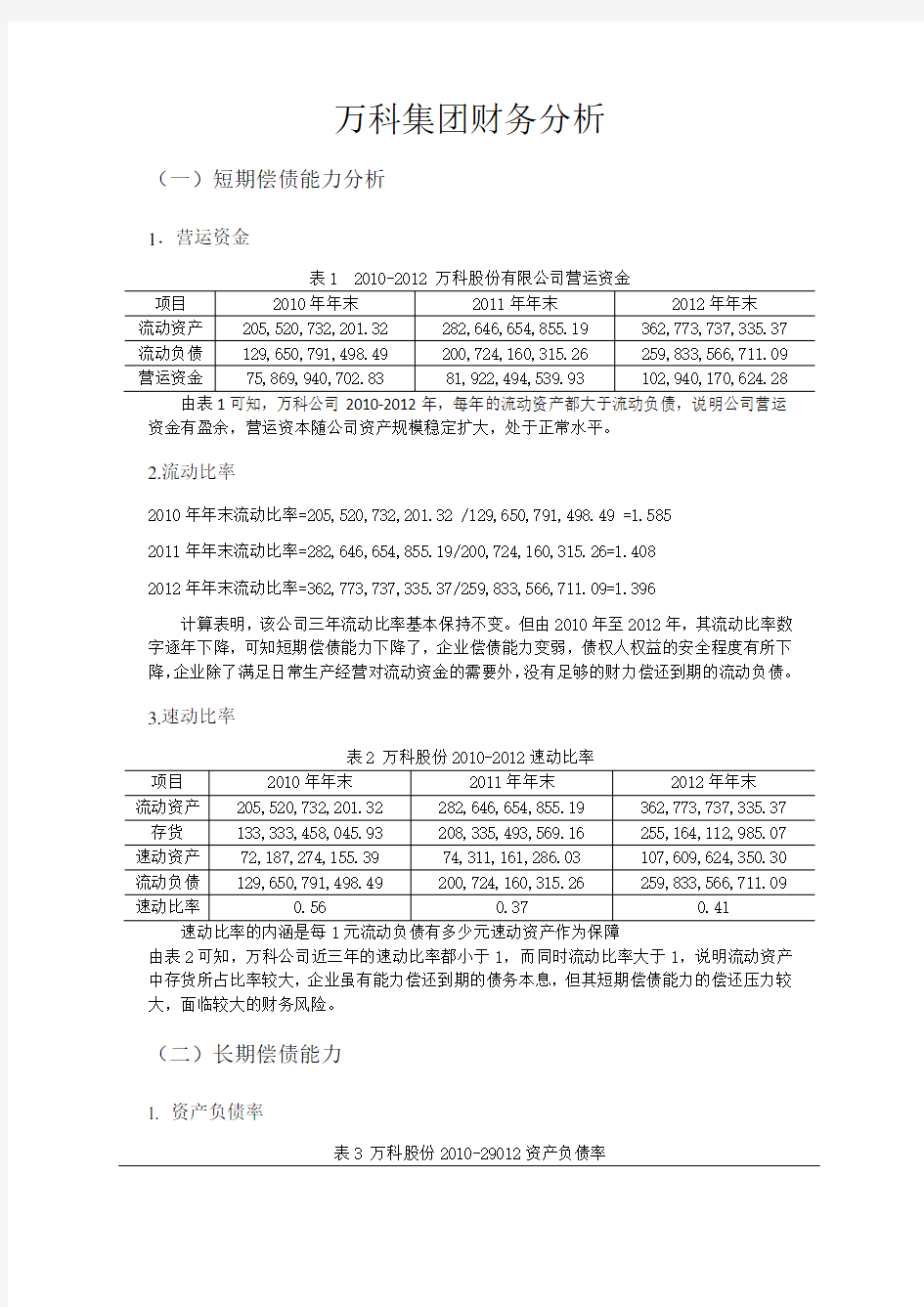 万科集团财务分析报告