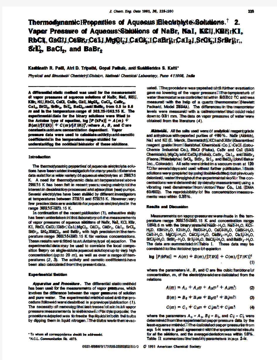 Thermodynamic properties of aqueous electrolyte solutions